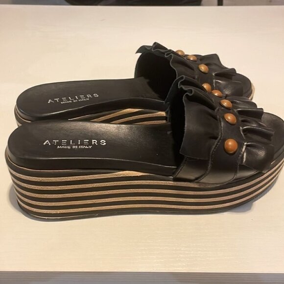 ateliers platform striped ruffle studded leather sandal made in Italy sz 39 - Picture 9 of 14